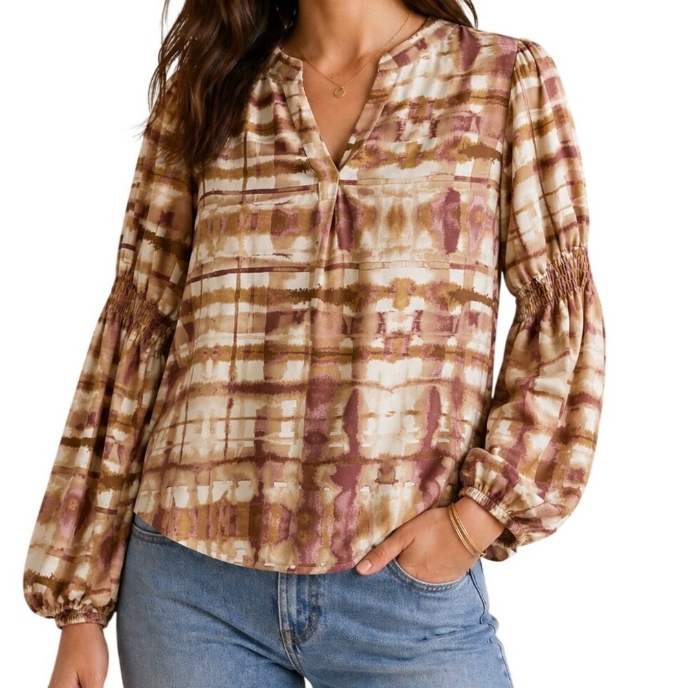 Nine West Blouse Womens Medium Brown Abstract Smocked Sleeve V-Neck Top